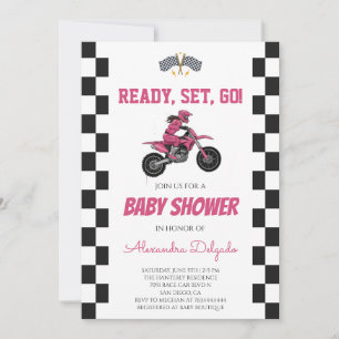 Chequered Pink Girls Dirt Bike Baby Shower Invitation