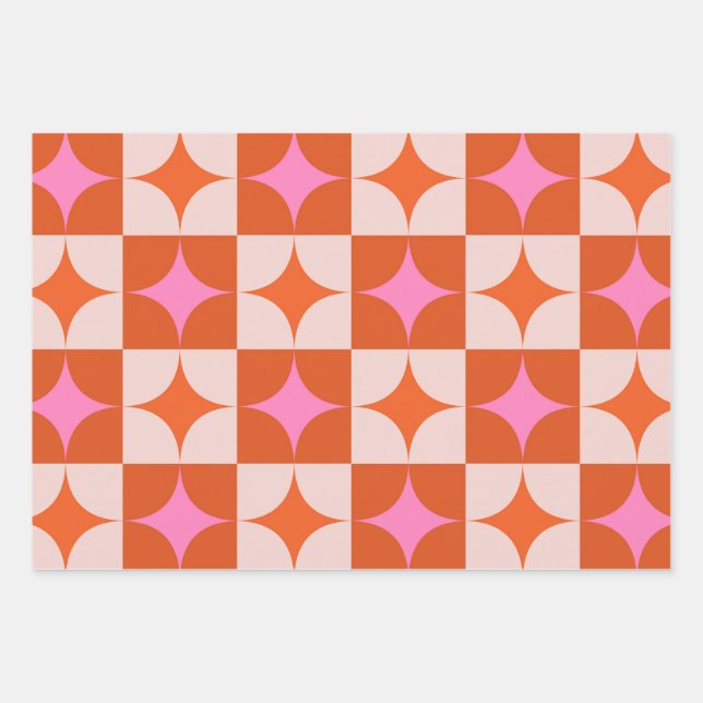 Chequered Pink Orange Mid Century Starbursts  Wrapping Paper Sheet (Front)