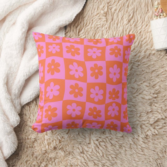 Chequered Pink Orange Retro Warped Flowers  Cushion (Blanket)