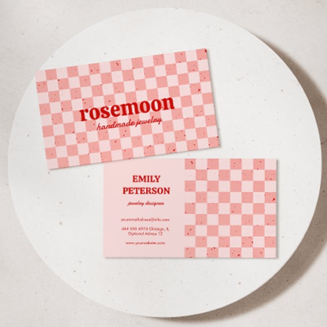 Chequered Pink Red Retro Business Card (Creator Uploaded)