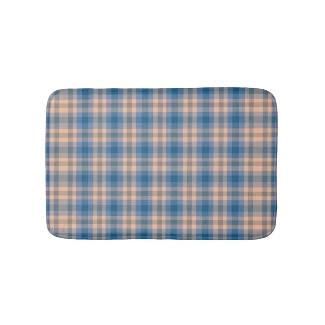 Chequered Plaid Beige Blue Grey And Peach Bath Mat (Front)