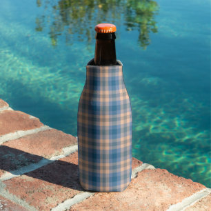 Chequered Plaid Beige Blue Grey And Peach Bottle Cooler