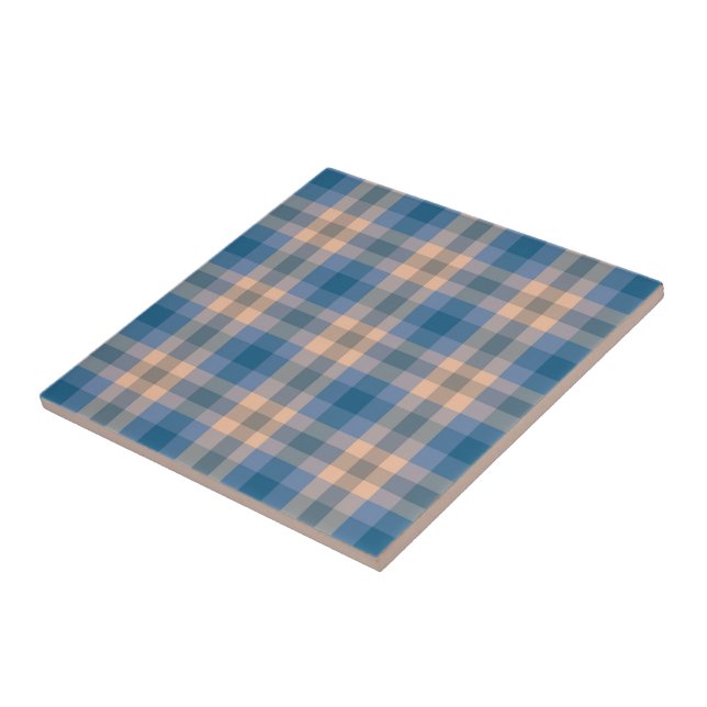 Chequered Plaid Beige Blue Grey And Peach Ceramic Tile (Side)
