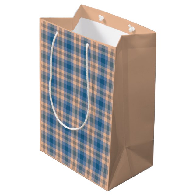Chequered Plaid Beige Blue Grey And Peach Medium Gift Bag (Back Angled)