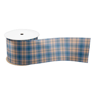Chequered Plaid Beige Blue Grey And Peach Satin Ribbon