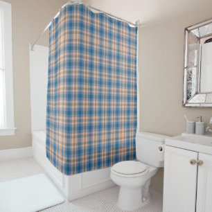 Chequered Plaid Beige Blue Grey And Peach Shower Curtain