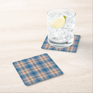 Chequered Plaid Beige Blue Grey And Peach Square Paper Coaster