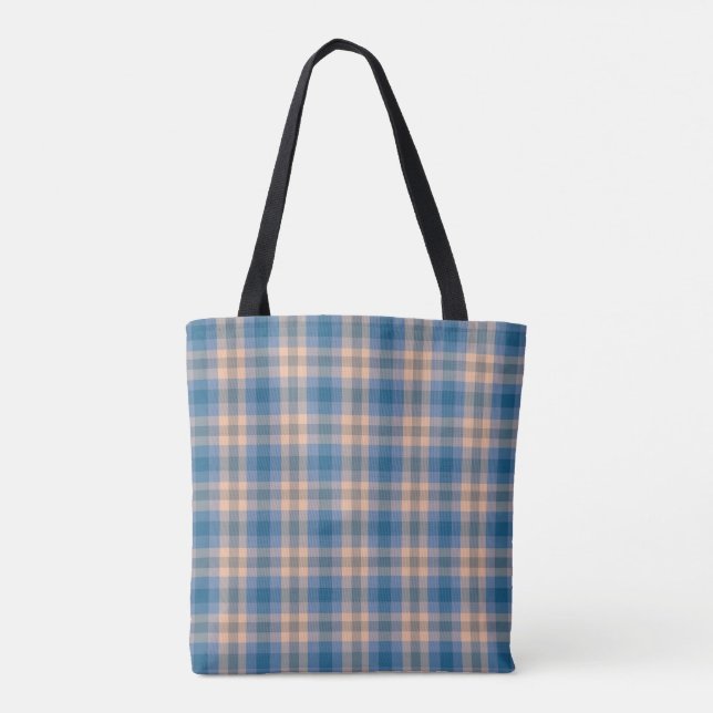 Chequered Plaid Beige Blue Grey And Peach Tote Bag (Back)