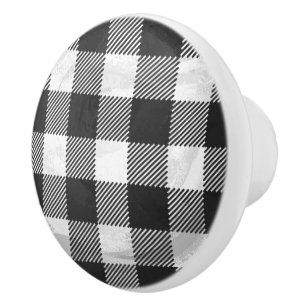 Chequered Plaid Black And White Ceramic Knob