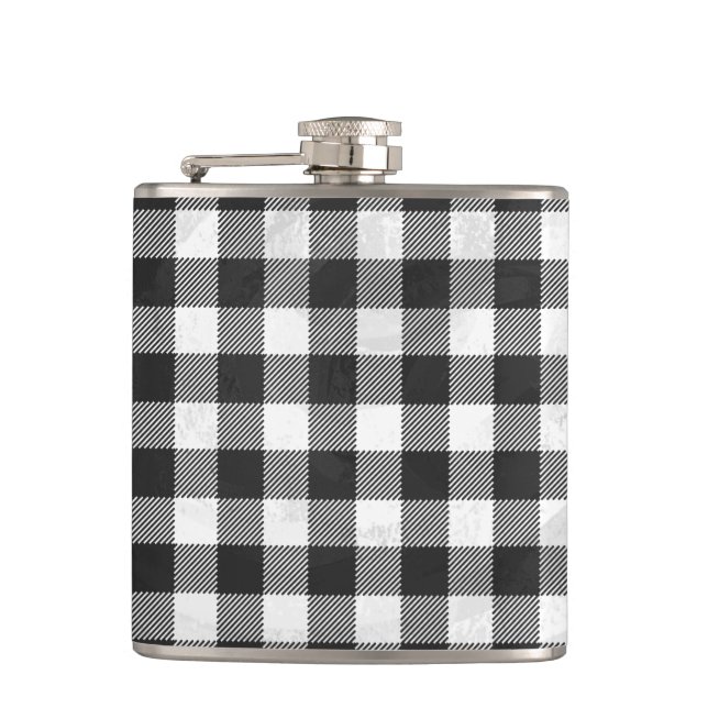 Chequered Plaid Black And White Hip Flask (Front)