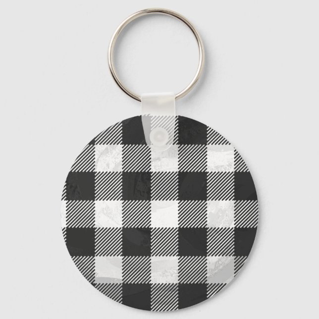 Chequered Plaid Black And White Key Ring (Front)