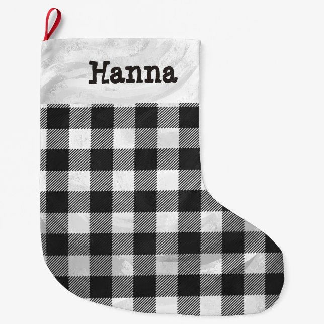 Chequered Plaid Black And White Large Christmas Stocking (Front)