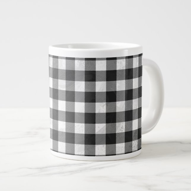 Chequered Plaid Black And White Large Coffee Mug (Front Right)
