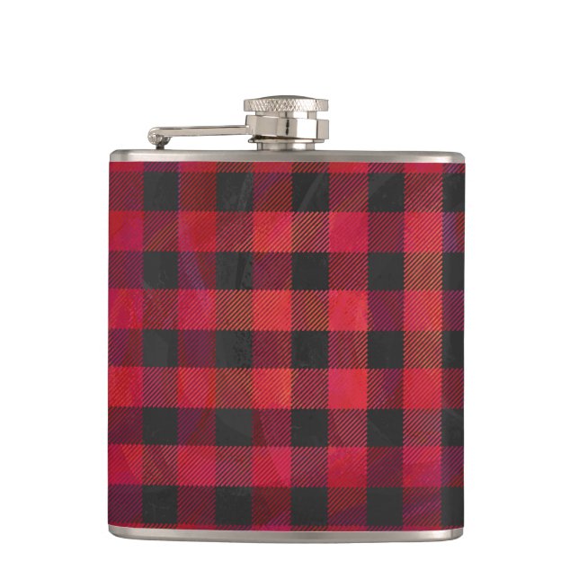 Chequered Plaid Red and Black Hip Flask (Front)