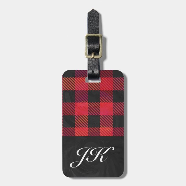 Chequered Plaid Red and Black Luggage Tag (Front Vertical)