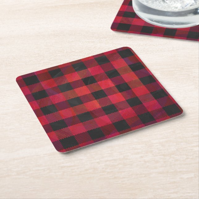 Chequered Plaid Red and Black Square Paper Coaster (Angled)