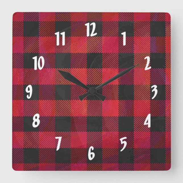 Chequered Plaid Red and Black Square Wall Clock (Front)