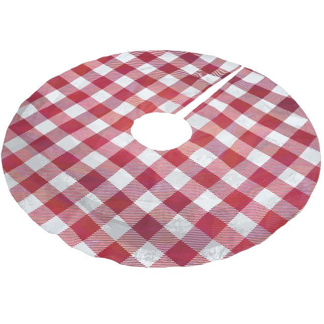 Chequered Plaid Red and White Brushed Polyester Tree Skirt (Angled)