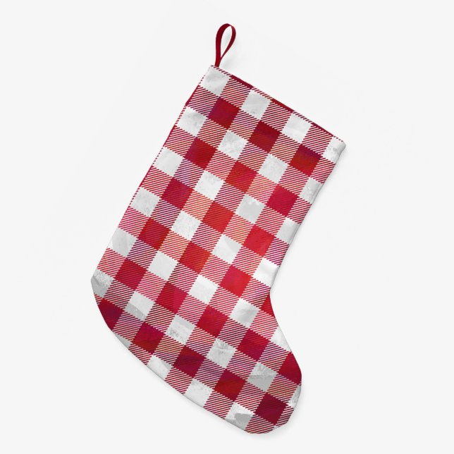 Chequered Plaid Red and White Small Christmas Stocking (Front (Hanging))