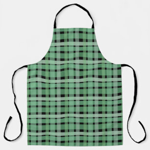 Chequered Plaid Tartan Green Stripes On Black  Apron