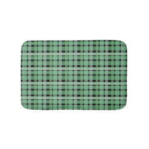 Chequered Plaid Tartan Green Stripes On Black  Bath Mat