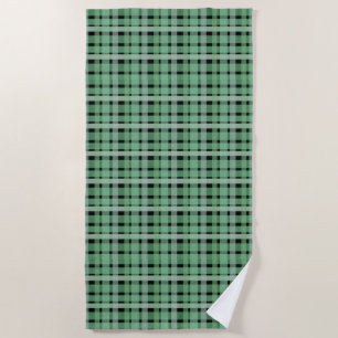 Chequered Plaid Tartan Green Stripes On Black Beach Towel
