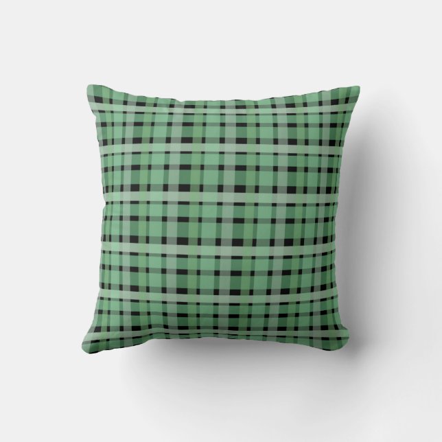 Chequered Plaid Tartan Green Stripes On Black  Cushion (Back)