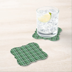 Chequered Plaid Tartan Green Stripes On Black Paper Coaster