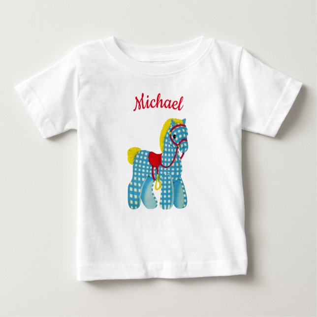 Chequered Pony Western theme personalised name Baby T-Shirt (Front)