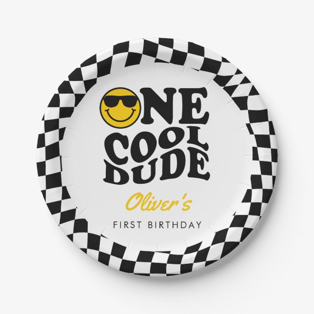 Chequered Preppy Smile One Cool Dude 1st Birthday Paper Plate (Front)