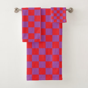 Chequered Purple and Red Bath Towel Set