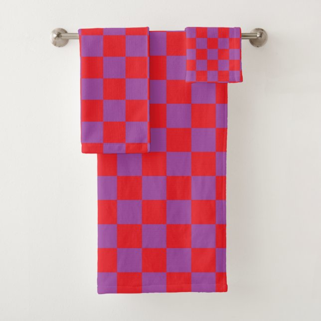 Chequered Purple and Red Bath Towel Set (Insitu)