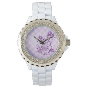 Chequered PurpleFloralSwirl White Rhinestone Watch