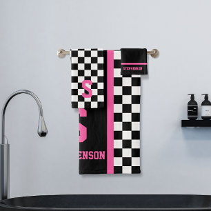 Chequered Racing Stripe Black and Pink Bath Towel Set