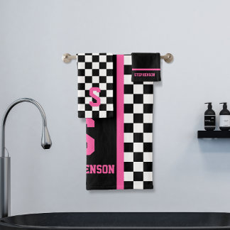Chequered Racing Stripe Black and Pink Bath Towel Set