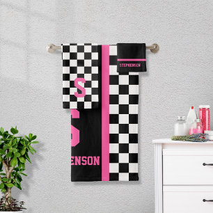 Chequered Racing Stripe Pink and Black Bath Towel Set