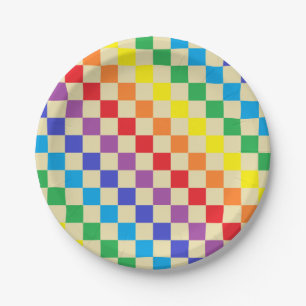 Chequered Rainbow Beige Paper Plate