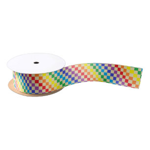 Chequered Rainbow Beige Satin Ribbon