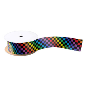 Chequered Rainbow Black Satin Ribbon