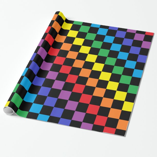 Chequered Rainbow Black Wrapping Paper (Unrolled)