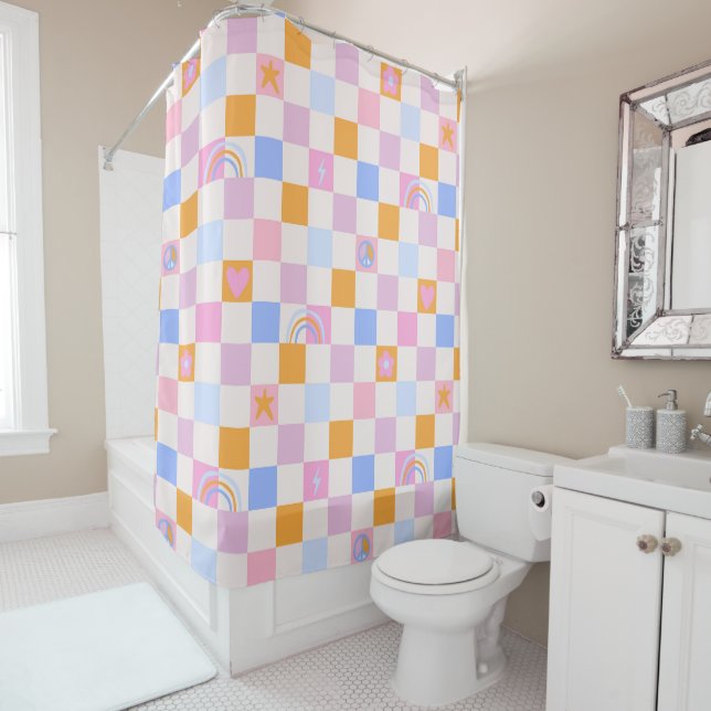 Chequered Rainbow Boho Peace Love Shower Curtain (In Situ)