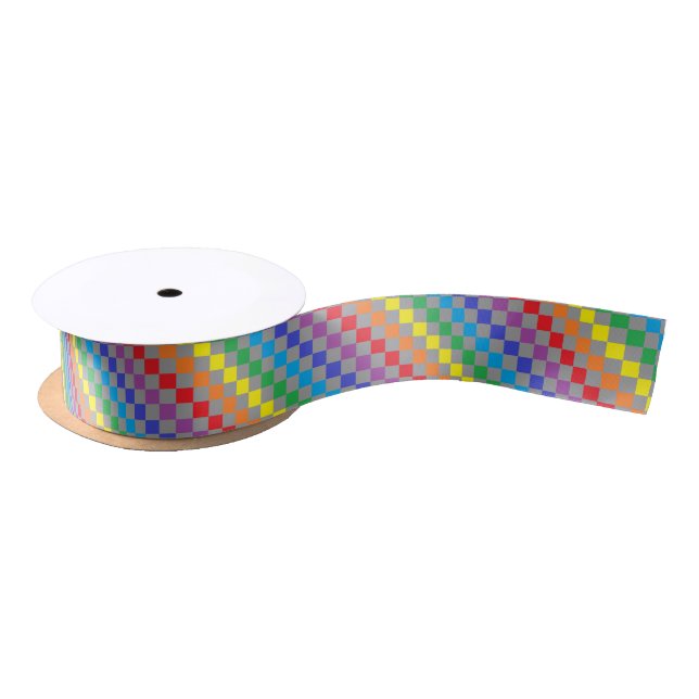 Chequered Rainbow Grey Satin Ribbon (Spool)