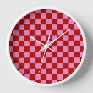 Chequered Red and Hot Pink  Clock