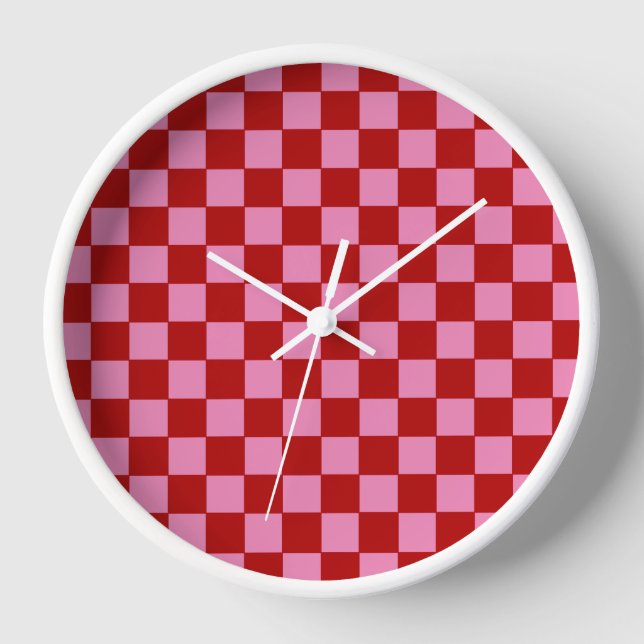 Chequered Red and Hot Pink  Clock (Front)