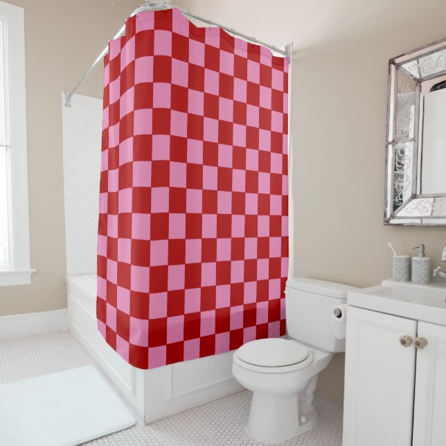 Chequered Red and Hot Pink  Shower Curtain (In Situ)