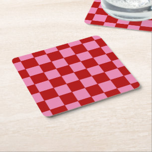 Chequered Red and Hot Pink  Square Paper Coaster