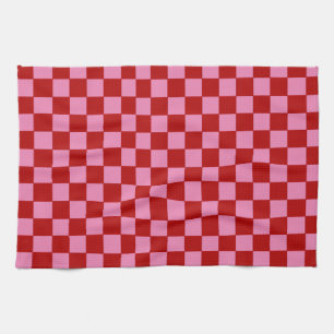Chequered Red and Hot Pink  Tea Towel
