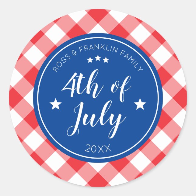 Chequered Red Gingham 4th of July Family Party Classic Round Sticker (Front)