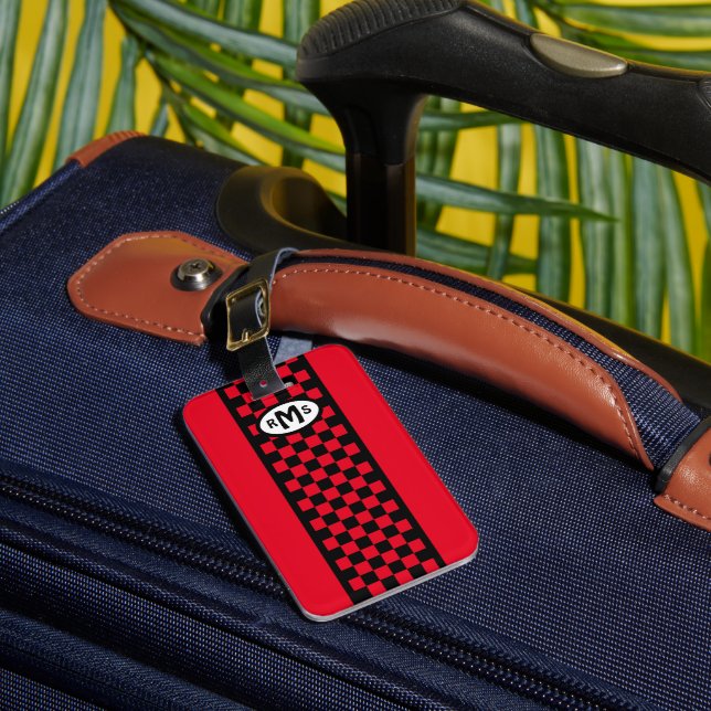 Chequered Red Monogram Luggage Tag (Front Insitu 1)