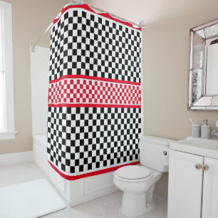 Chequered Red White Black Shower Curtain